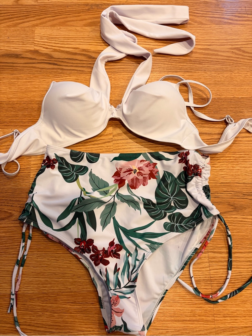 Floral High-Waist White Halter Bikini Set